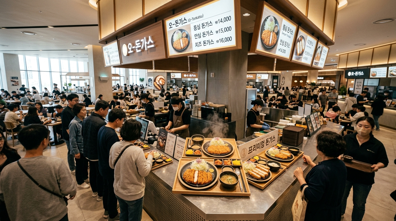 공용 홀과 돈가스 매장이 함께 보이는 푸드코트 전경
