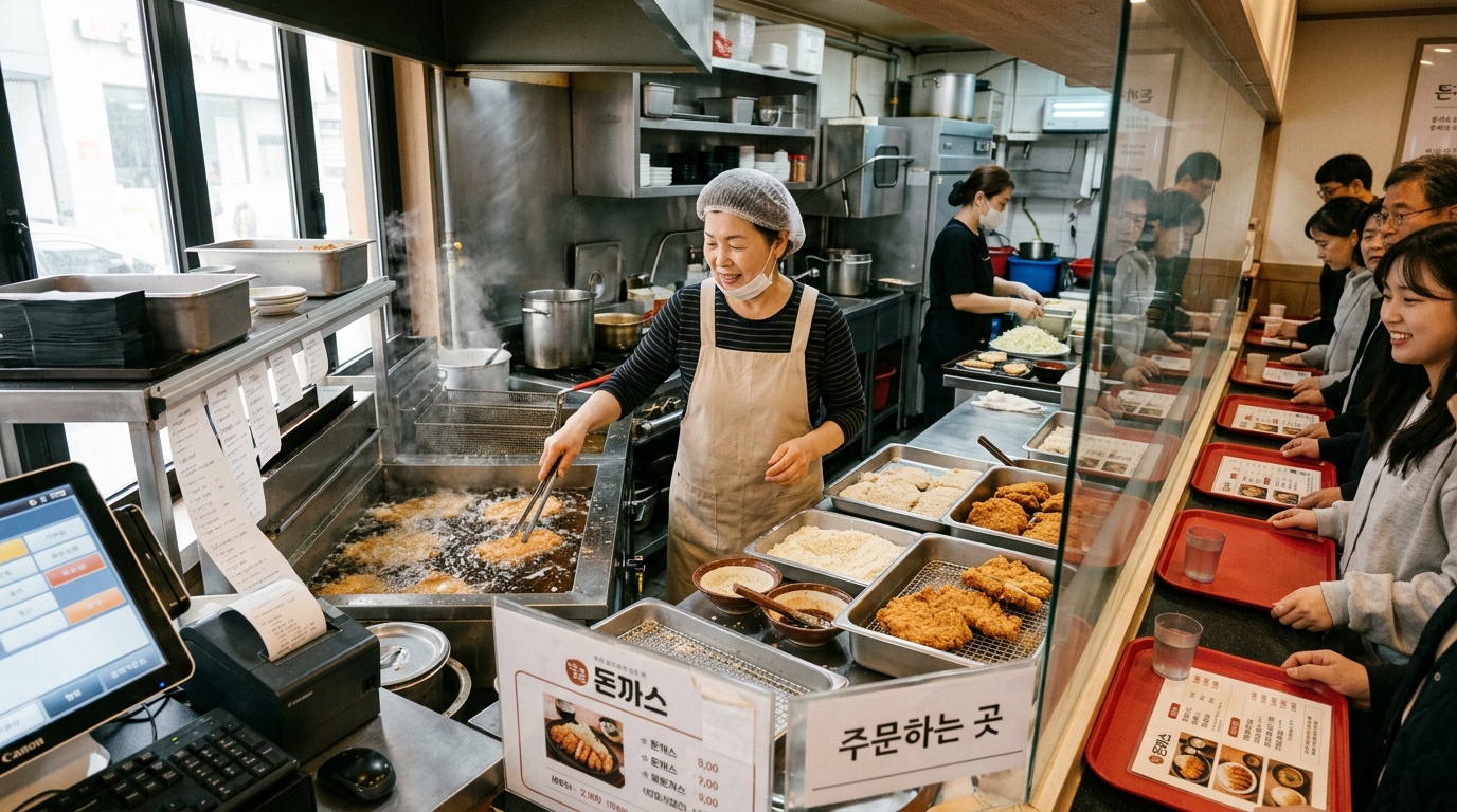 돈가스 조리와 주문 대기 동선이 보이는 오픈형 주방