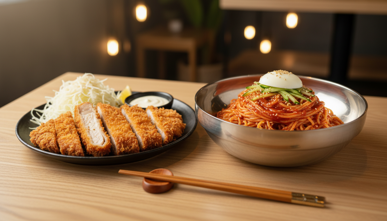 돈까스와 비빔국수, 환상의 궁합! 바삭함과 매콤함의 완벽 조화